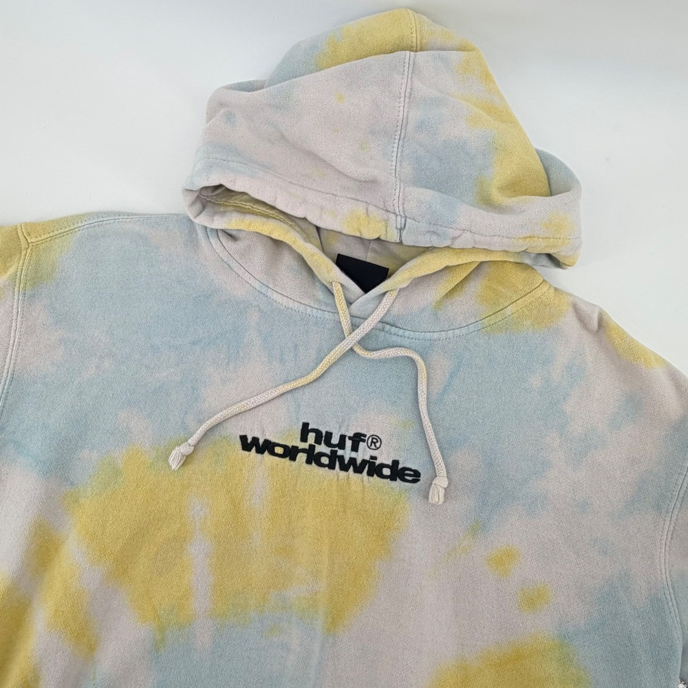 HUF Worldwide Tie Dye Hoodie Size Medium Yellow Blue Skate Streetwear Sweatshirt